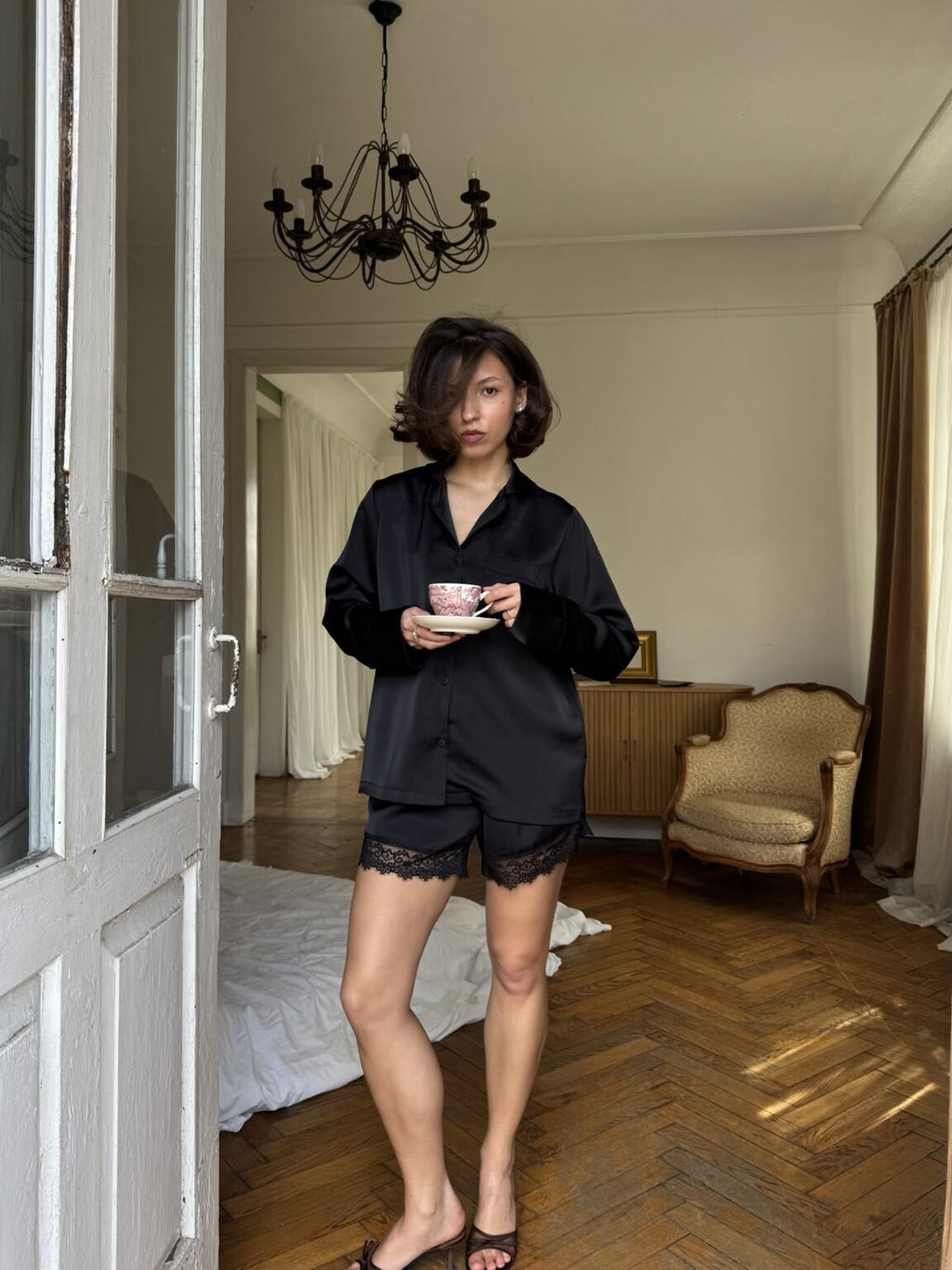 Size M ( 60-70 kg) Black 3-Piece Black Satin Set Pajama Harir