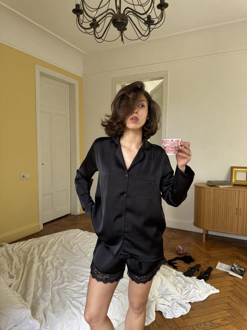 Size M ( 60-70 kg) Black 3-Piece Black Satin Set Pajama Harir