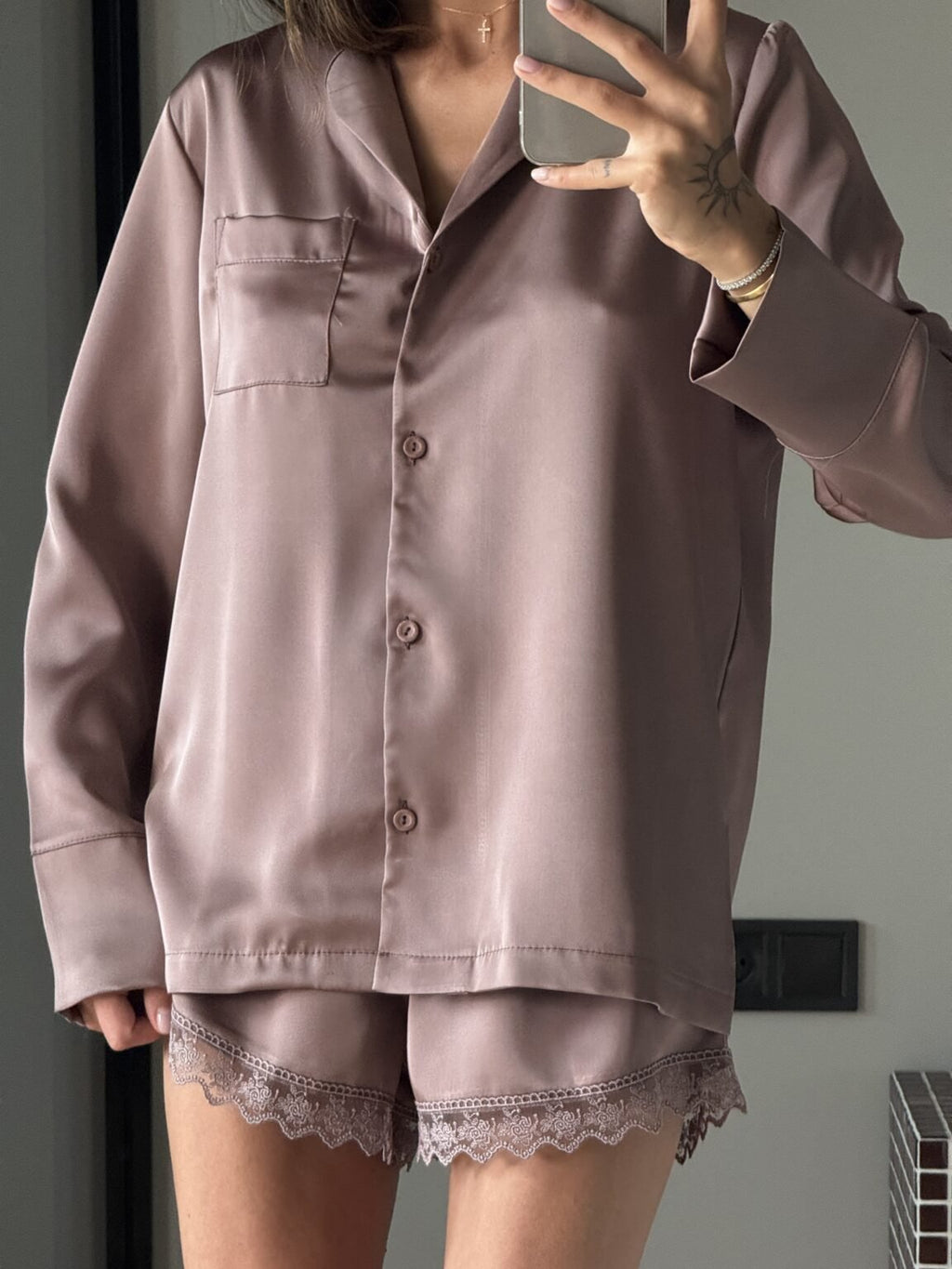 Dusty Cashmere M 3 - Piece Cashmere Satin Pajama Set Harir