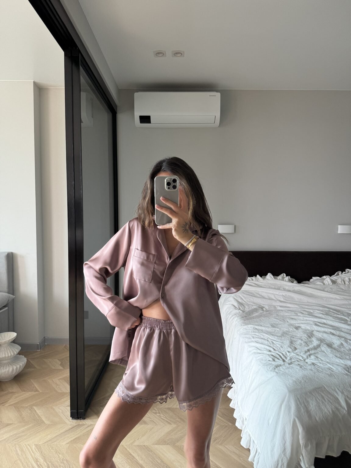 Dusty Cashmere M 3 - Piece Cashmere Satin Pajama Set Harir