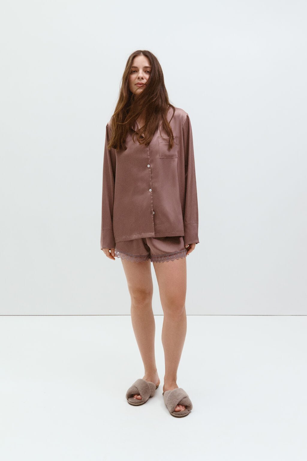 Dusty Cashmere M 3 - Piece Cashmere Satin Pajama Set Harir