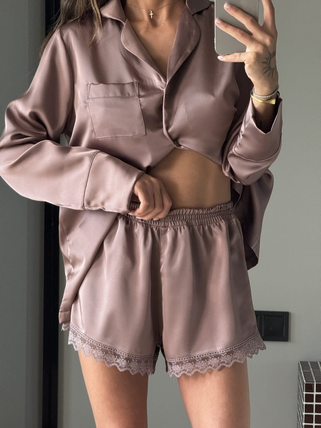 Dusty Cashmere M 3 - Piece Cashmere Satin Pajama Set Harir
