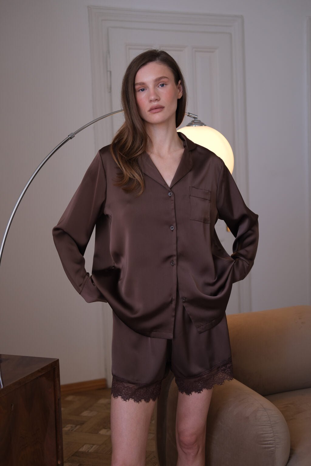 Size M ( 60-70 kg) Brown 3Piece Chocolate Satin Pajama Set Harir