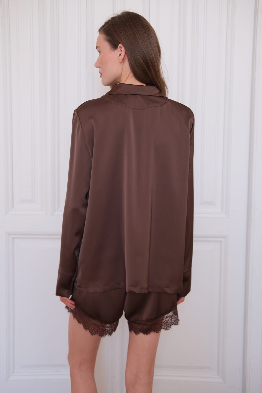 Size M ( 60-70 kg) Brown 3Piece Chocolate Satin Pajama Set Harir