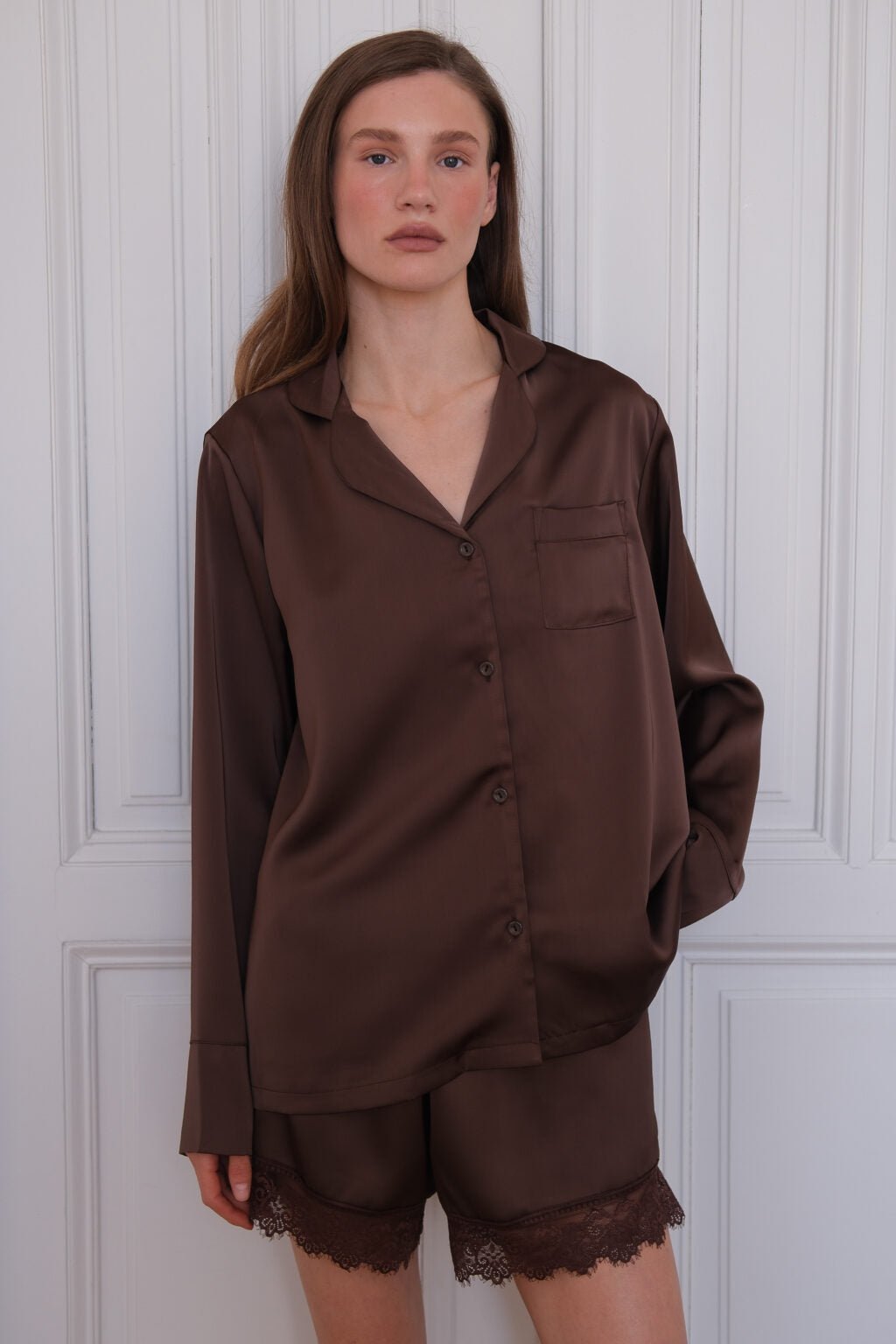 Size M ( 60-70 kg) Brown 3Piece Chocolate Satin Pajama Set Harir