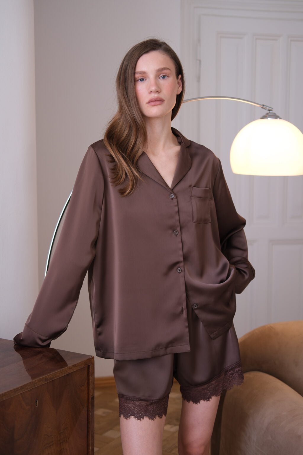 Size M ( 60-70 kg) Brown 3Piece Chocolate Satin Pajama Set Harir