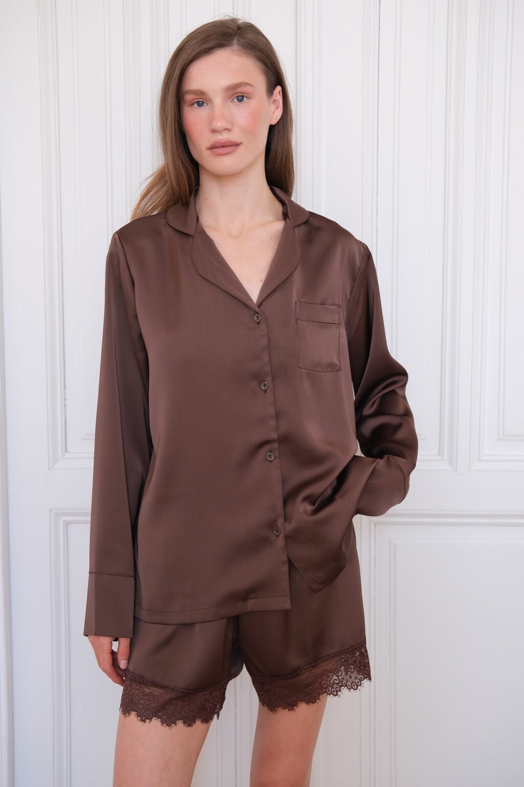 Size M ( 60-70 kg) Brown 3Piece Chocolate Satin Pajama Set Harir