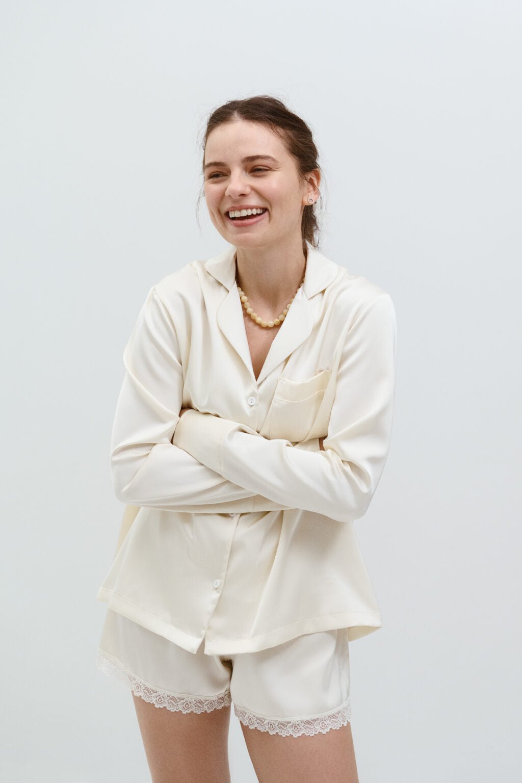 off - white M 3Piece Off White Satin Pajama Set Harir