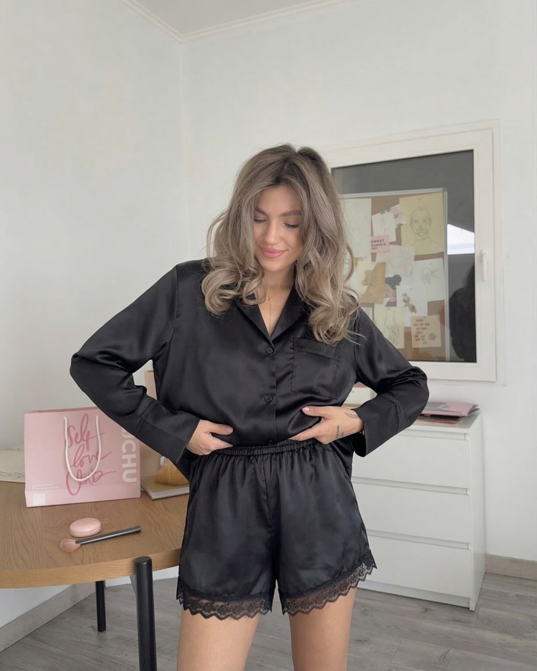 3-Piece Black Satin Set Pajama