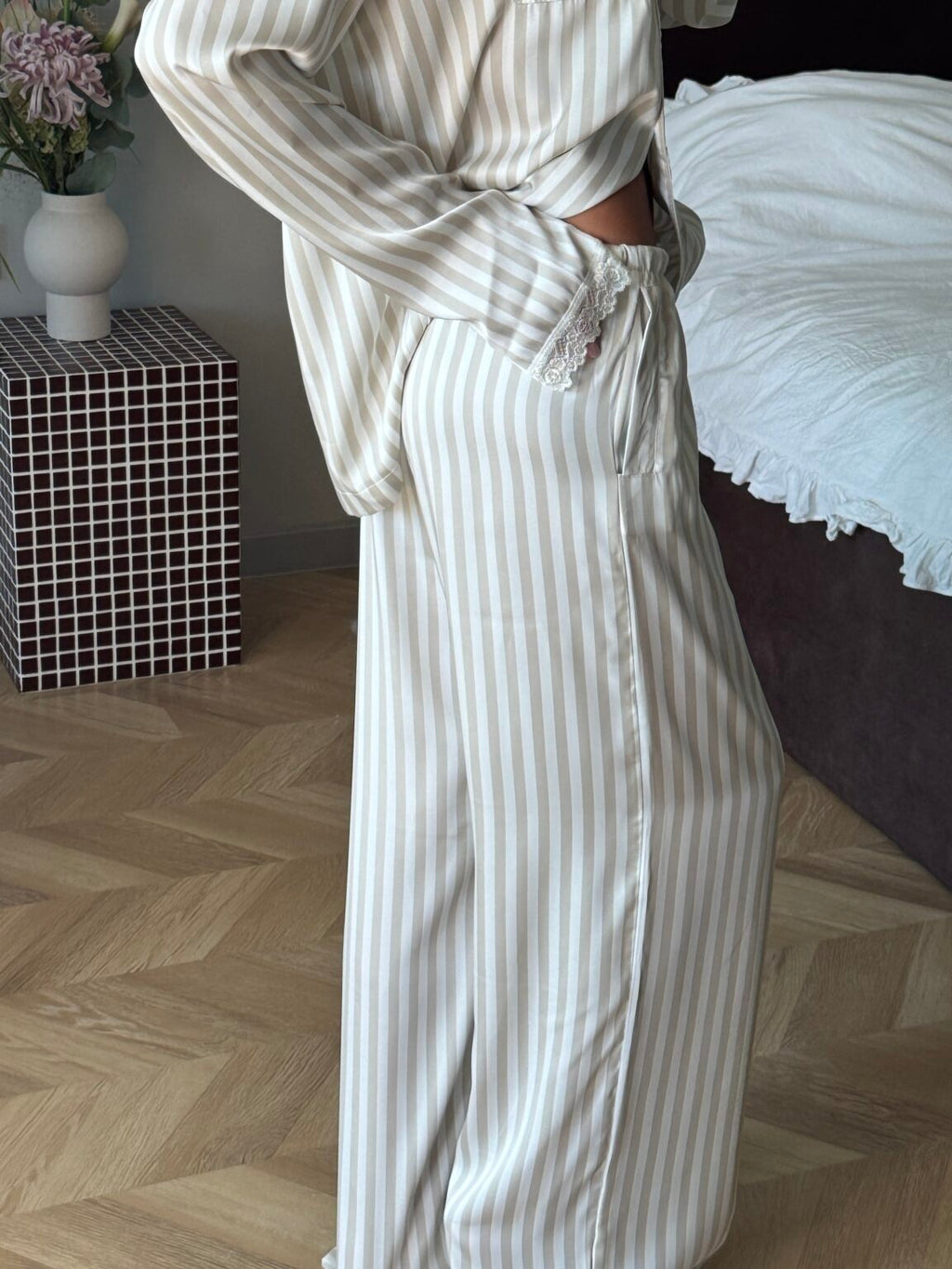 Beige Striped Satin Pajama Set