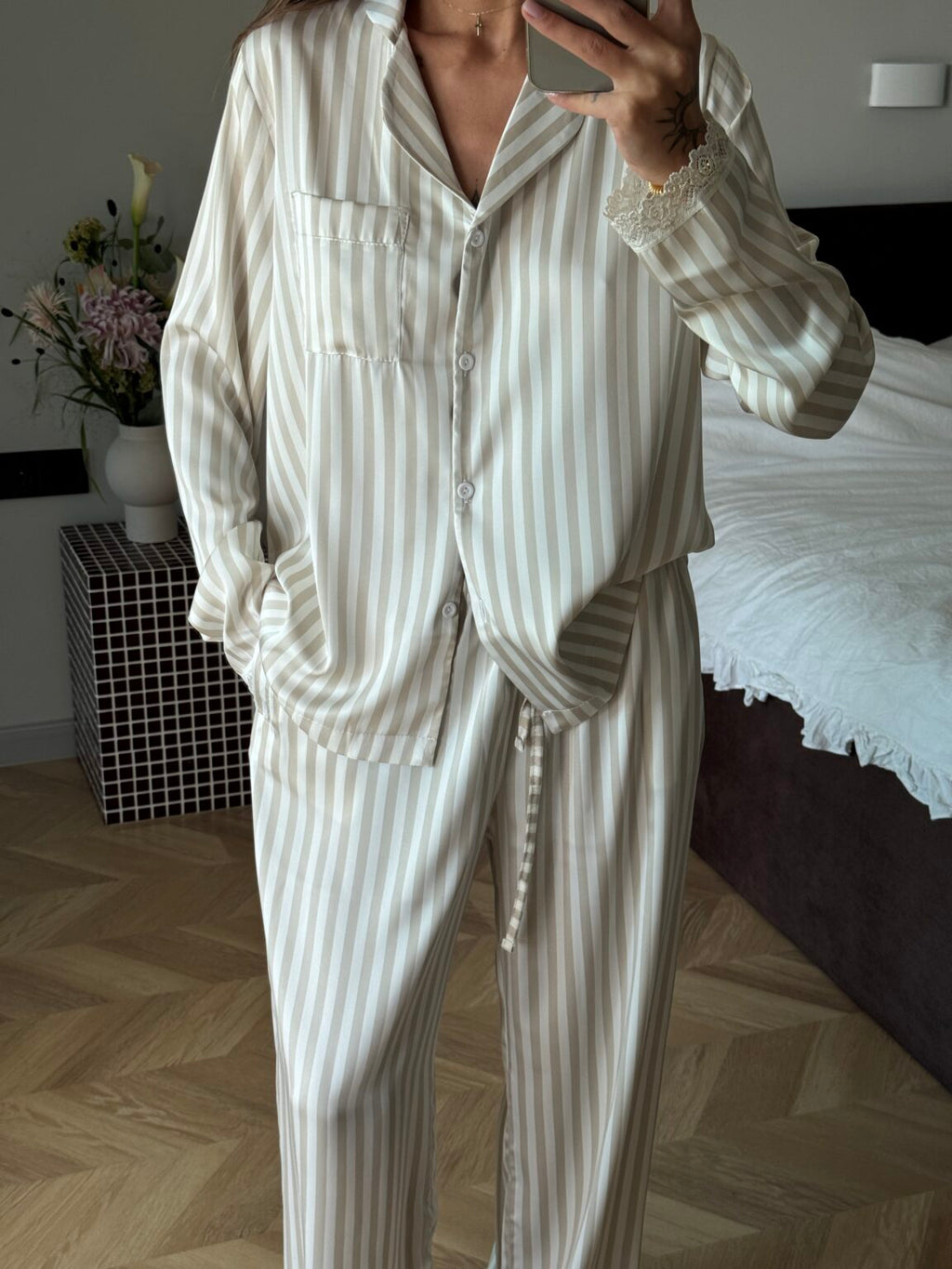 Beige Striped Satin Pajama Set