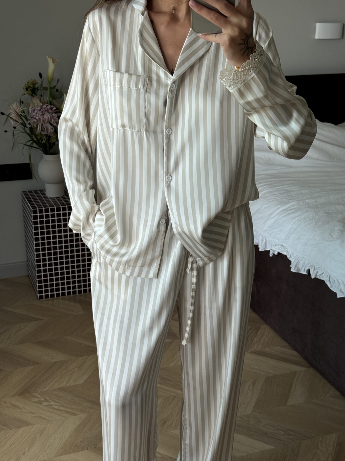 Beige Striped Satin Pajama Set