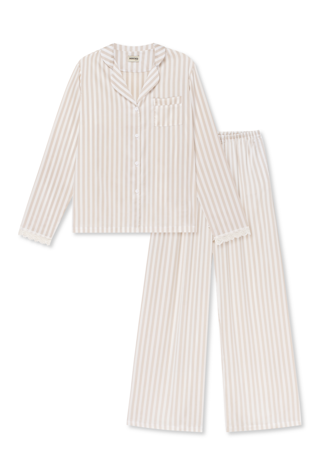 Beige Striped Satin Pajama Set