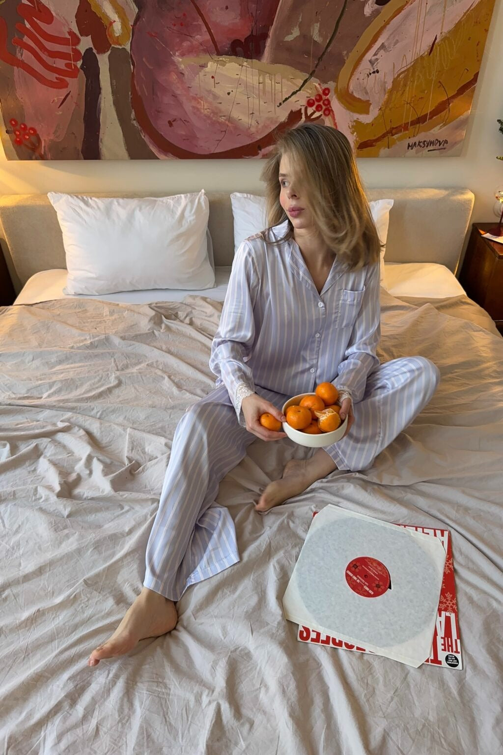 Lilac Striped Satin Pajama Set