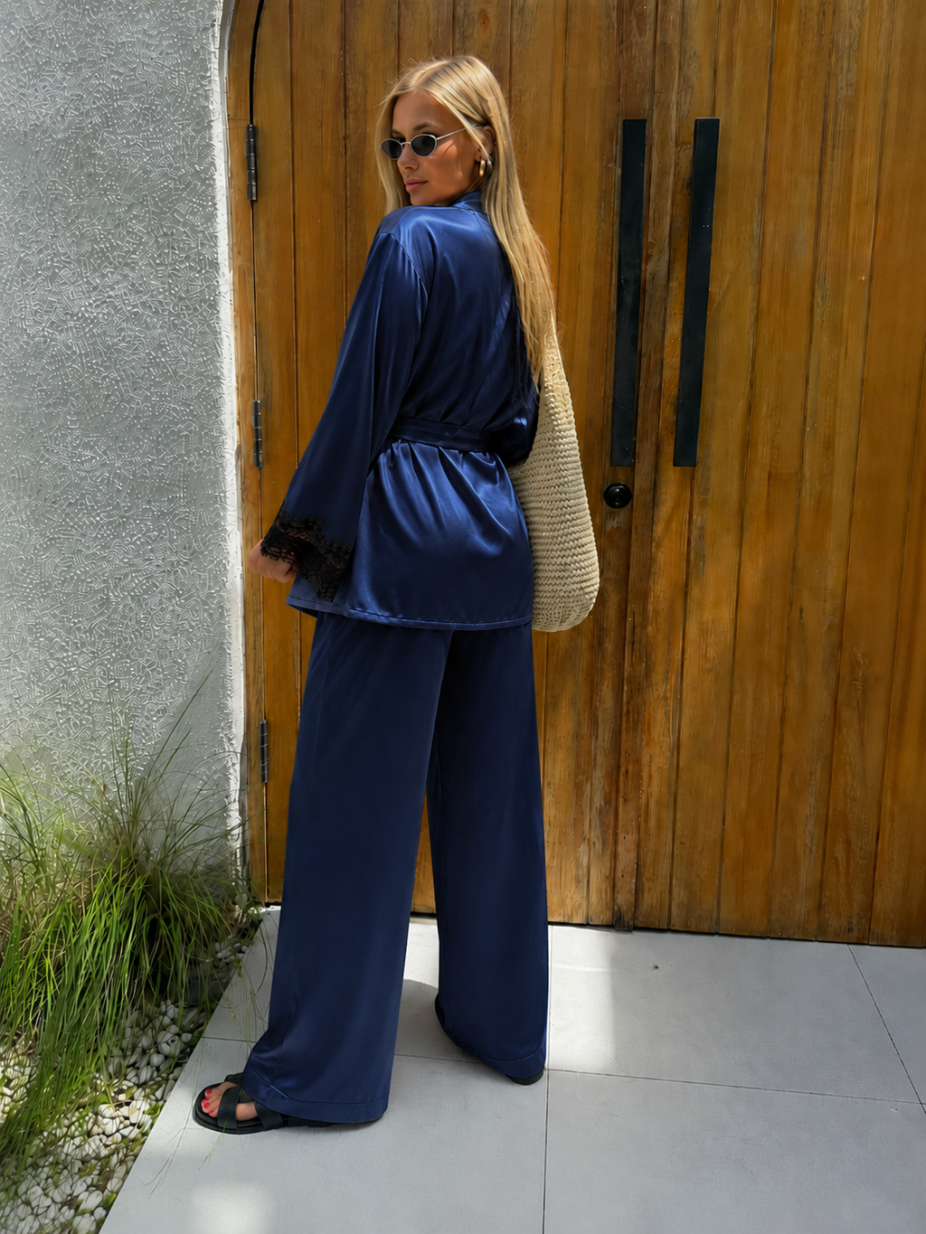 Navy Queen Lace Satin Pajama Set – 3 Piece Harir