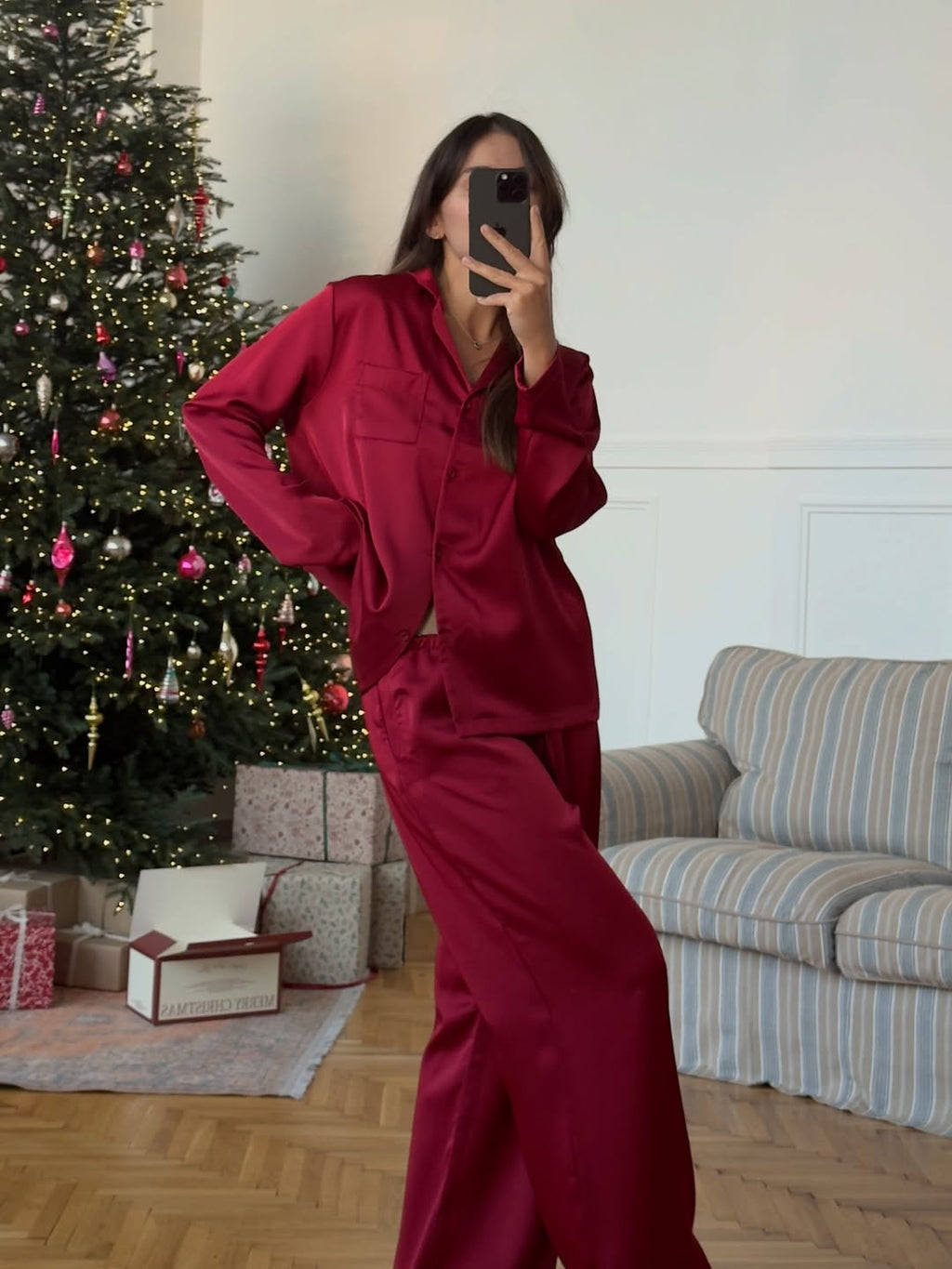 3Piece Bordo Satin Set Pajama Set