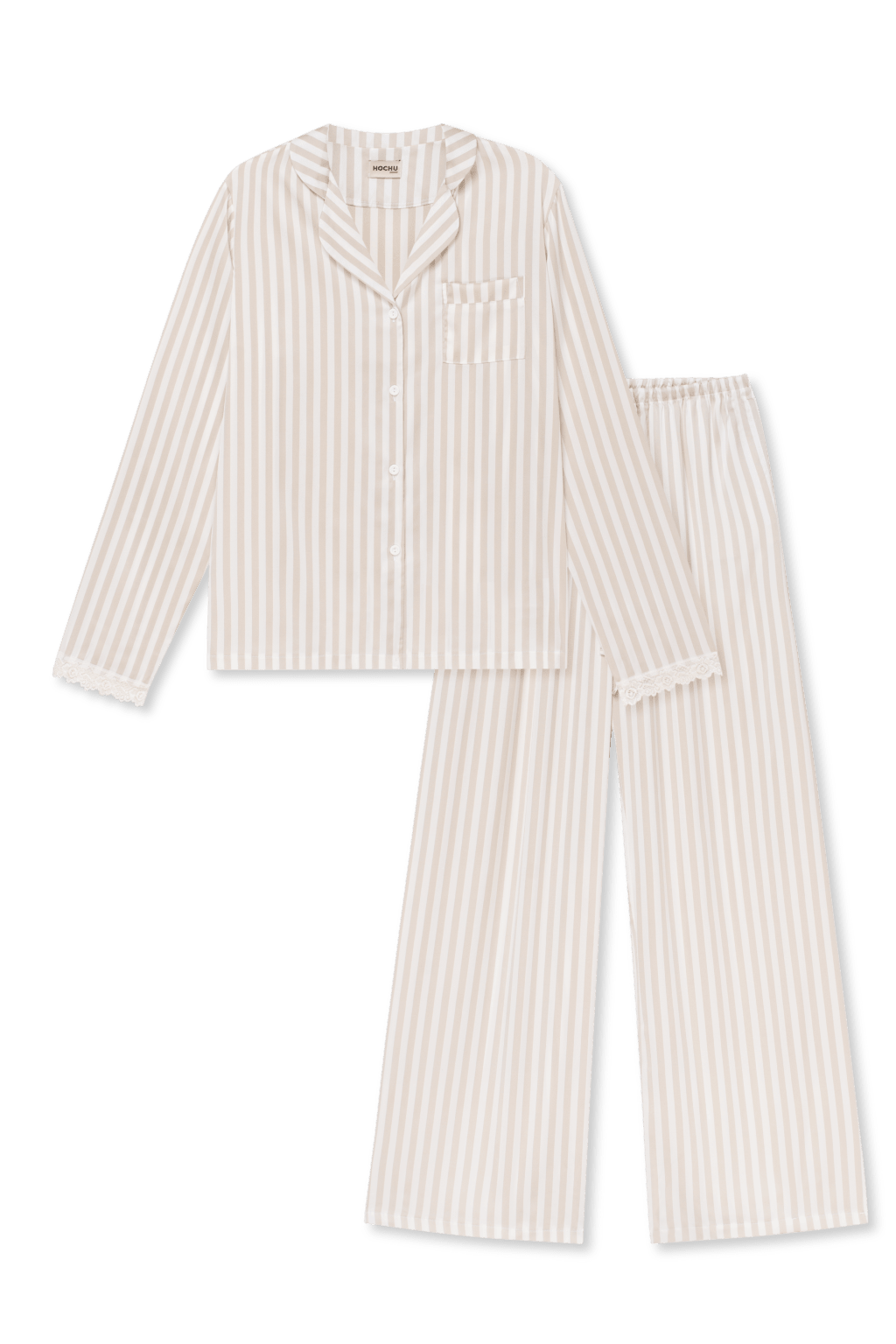 M Beige Beige Striped Satin Pajama Set Harir