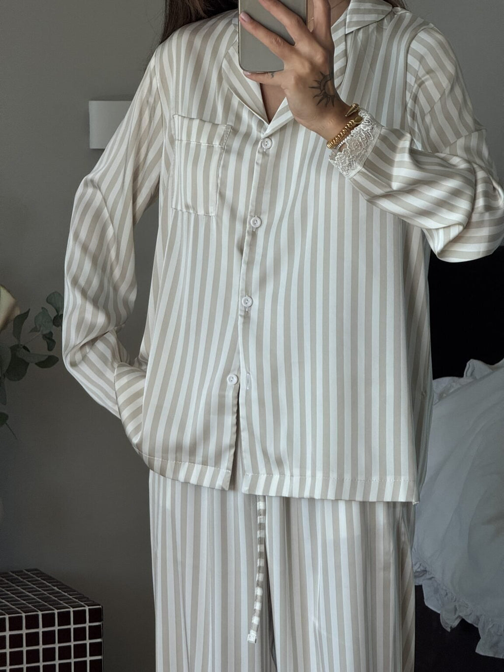 M Beige Beige Striped Satin Pajama Set Harir