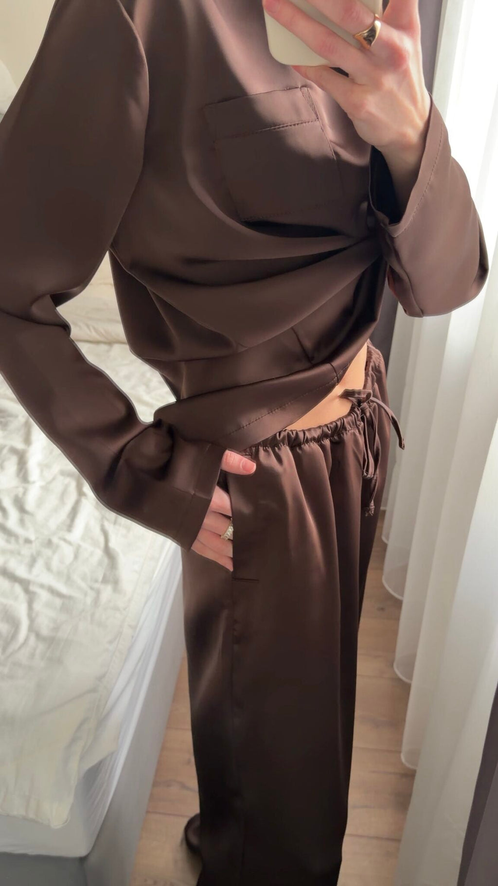 M Brown 3Piece Chocolate Satin Pajama Set Harir