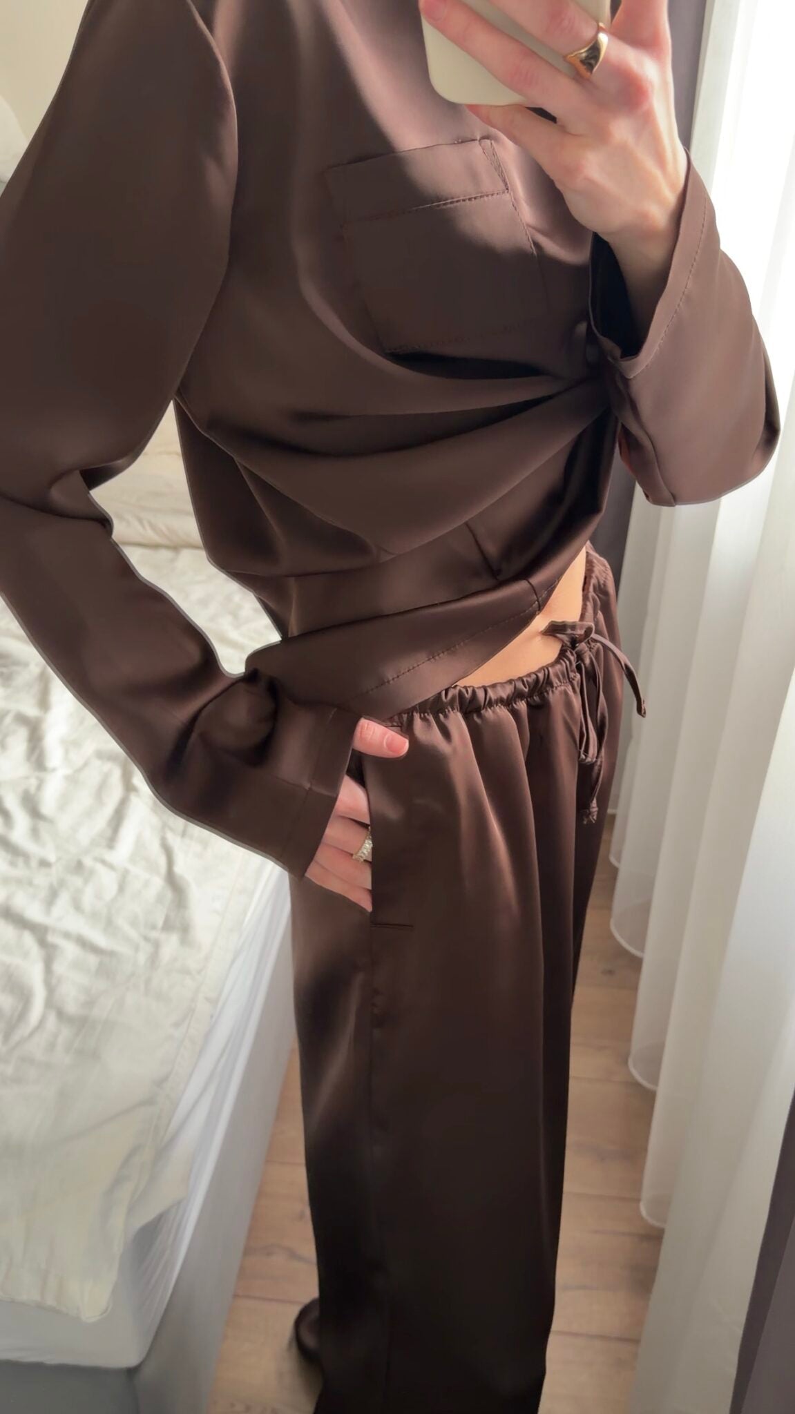 M Brown 3Piece Chocolate Satin Pajama Set Harir