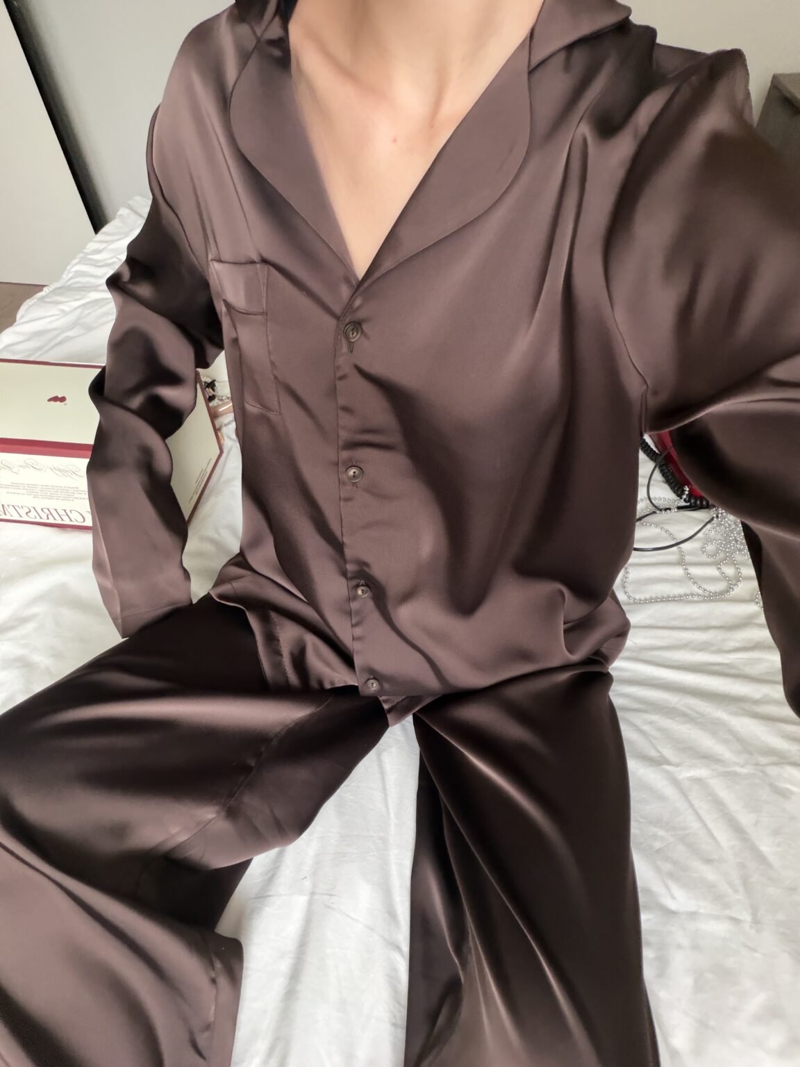M Brown 3Piece Chocolate Satin Pajama Set Harir