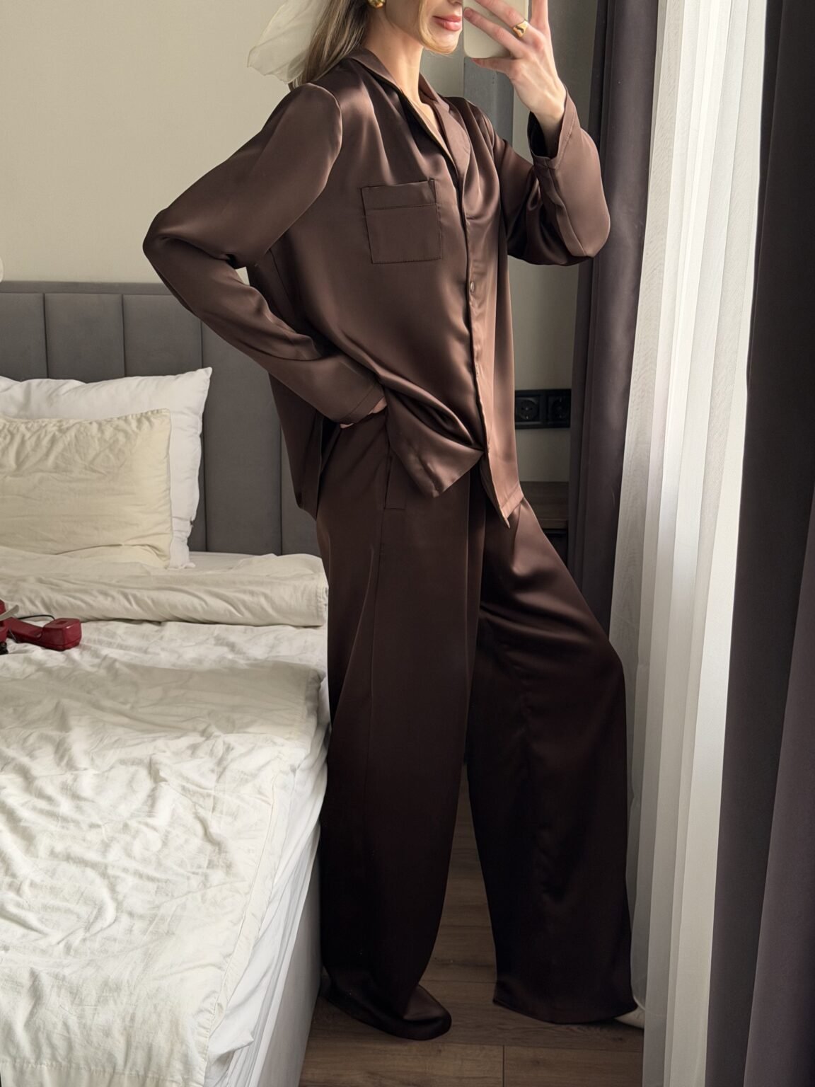 M Brown 3Piece Chocolate Satin Pajama Set Harir