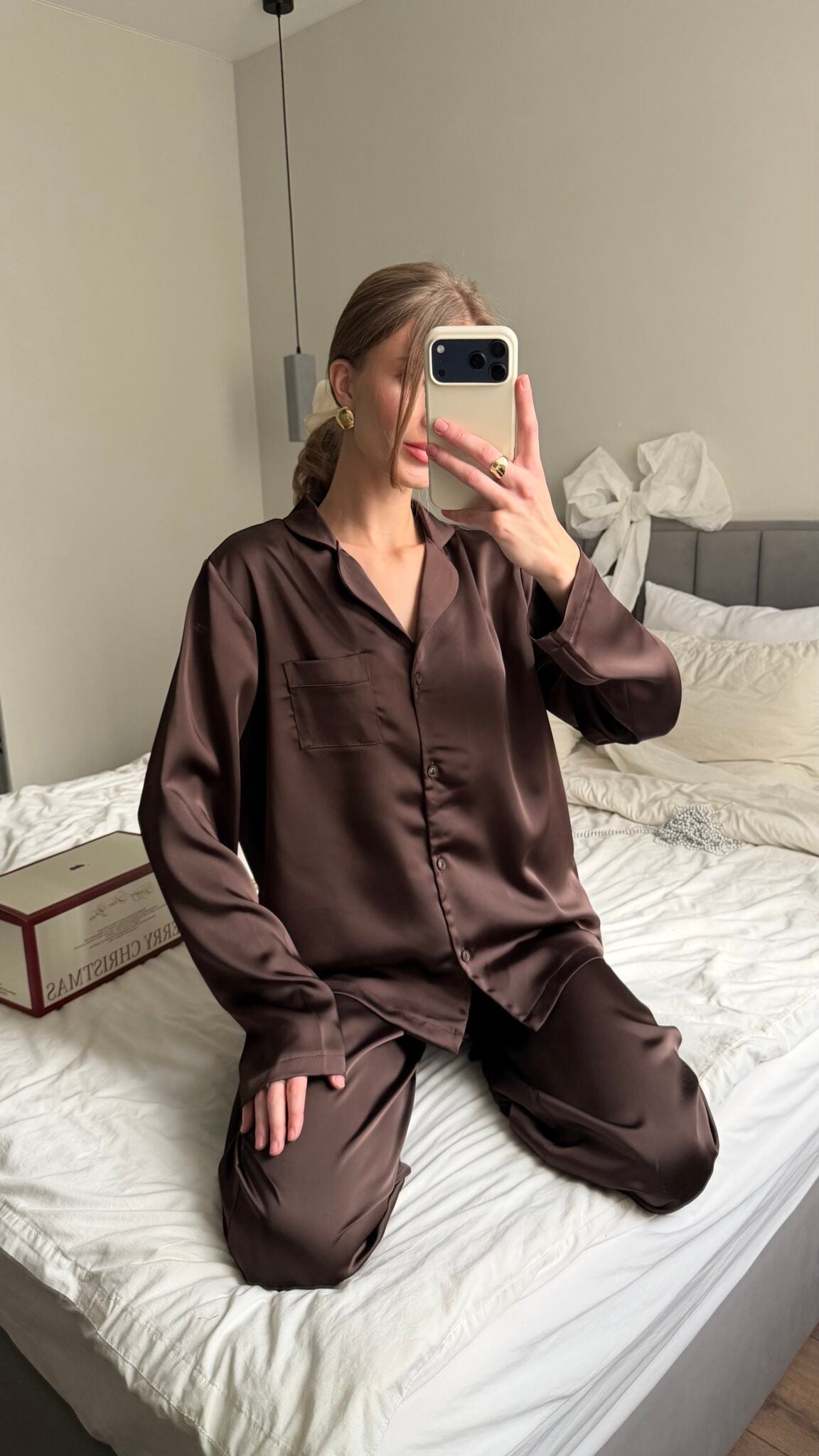 M Brown 3Piece Chocolate Satin Pajama Set Harir