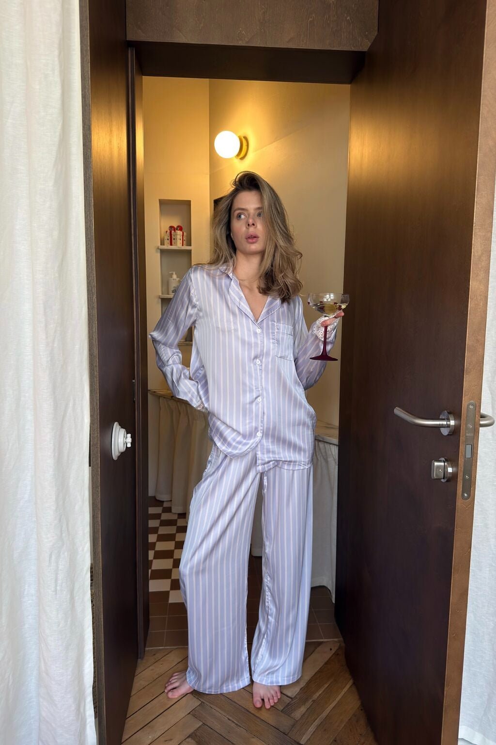 M Lilac Lilac Striped Satin Pajama Set Harir