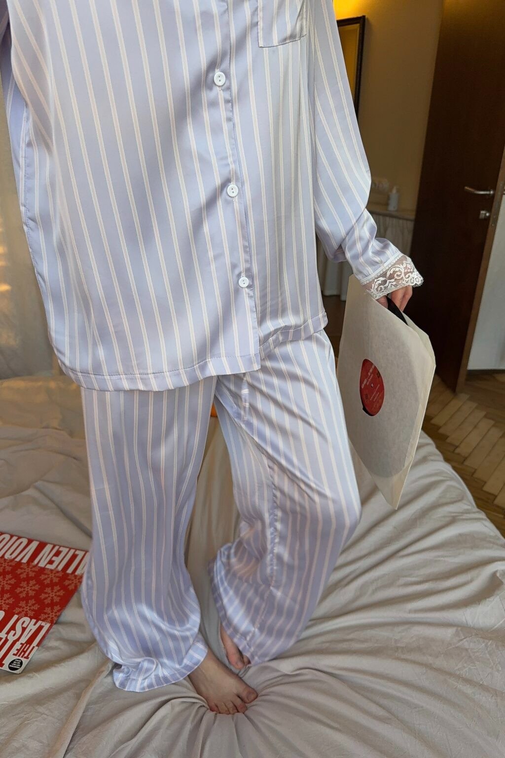 M Lilac Lilac Striped Satin Pajama Set Harir