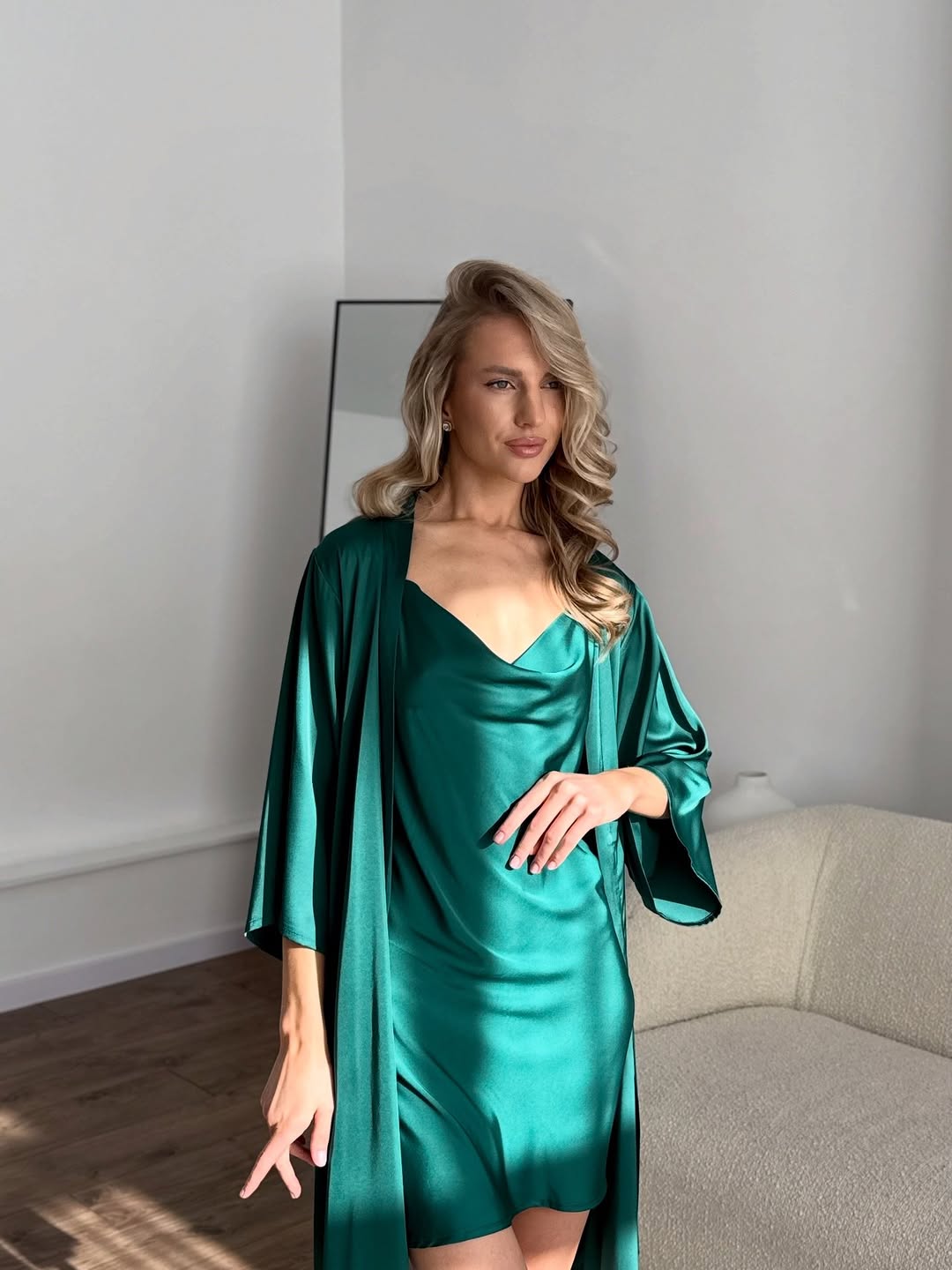 Olive  Nova Satin Babydoll Set Harir
