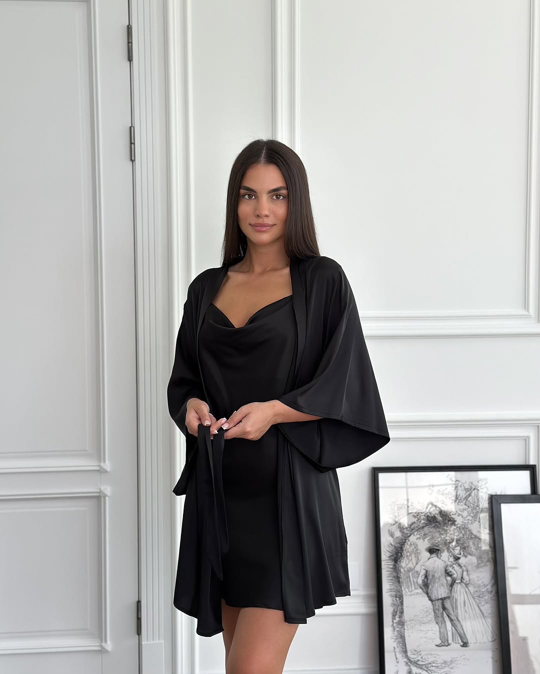 Black Nova Satin Babydoll Set Harir