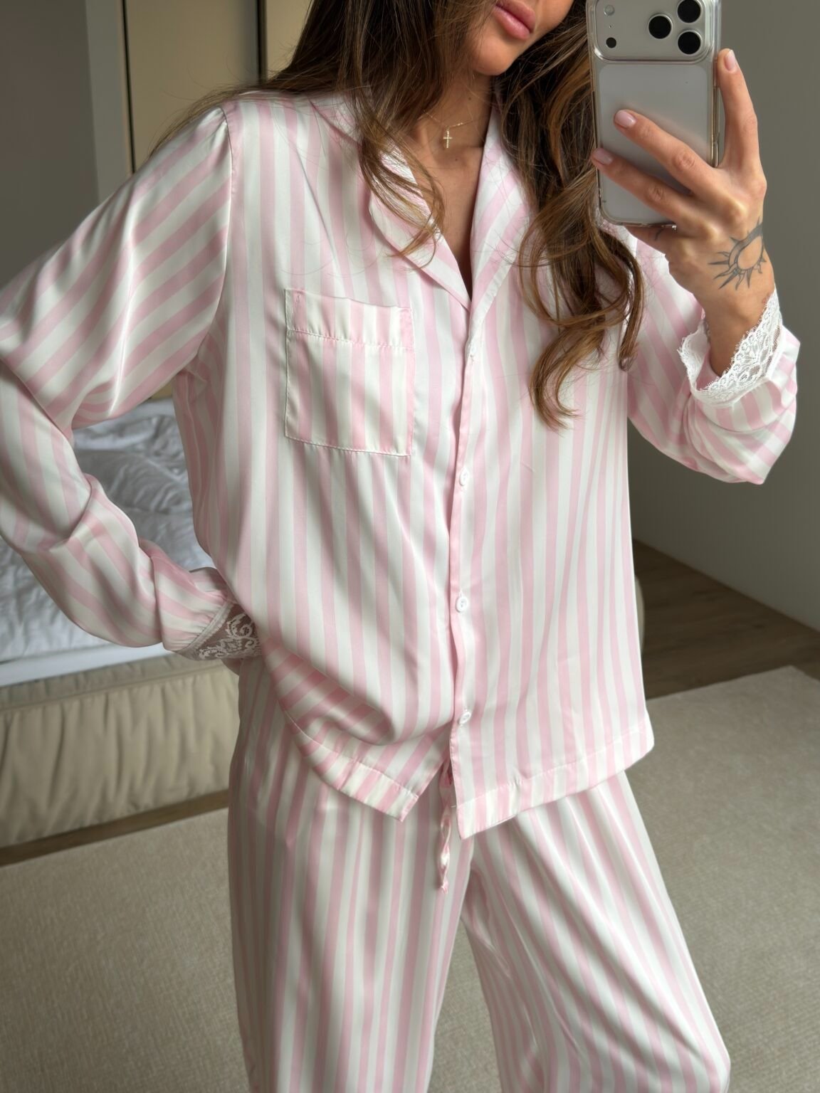 Blush M Pink Striped Satin Pajama Set Harir