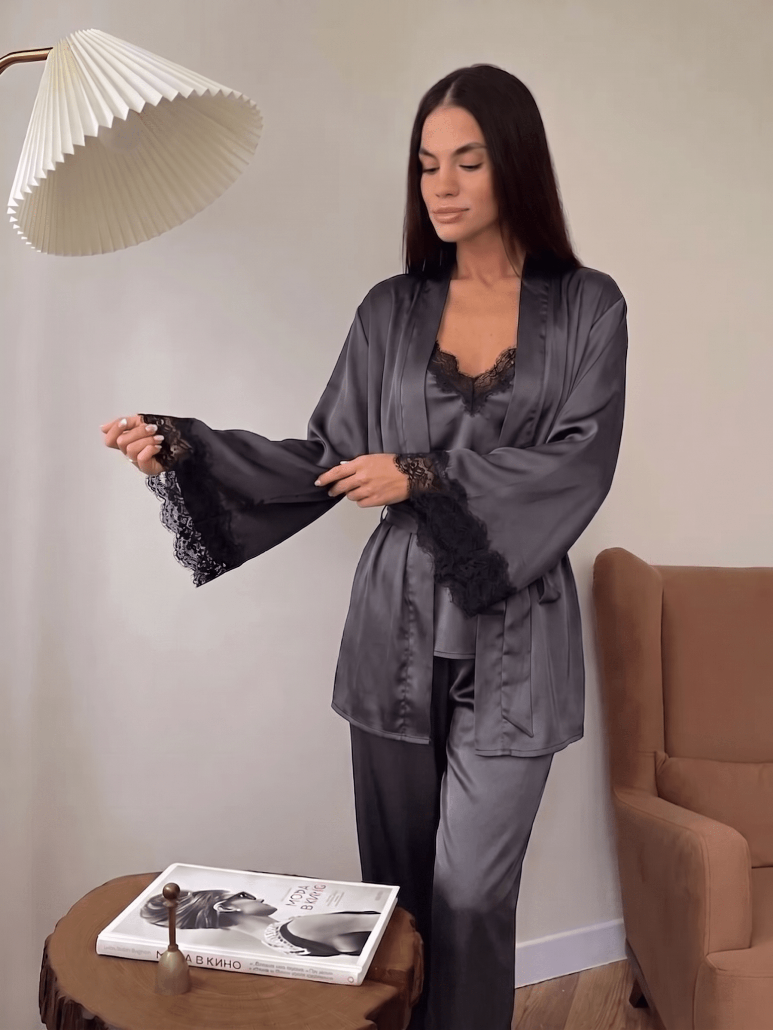 Gray Queen Lace Satin Pajama Set – 3 Piece Harir