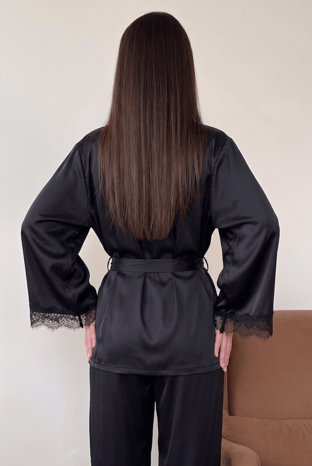  Black Queen Lace Satin Pajama Set – 3 Piece Harir