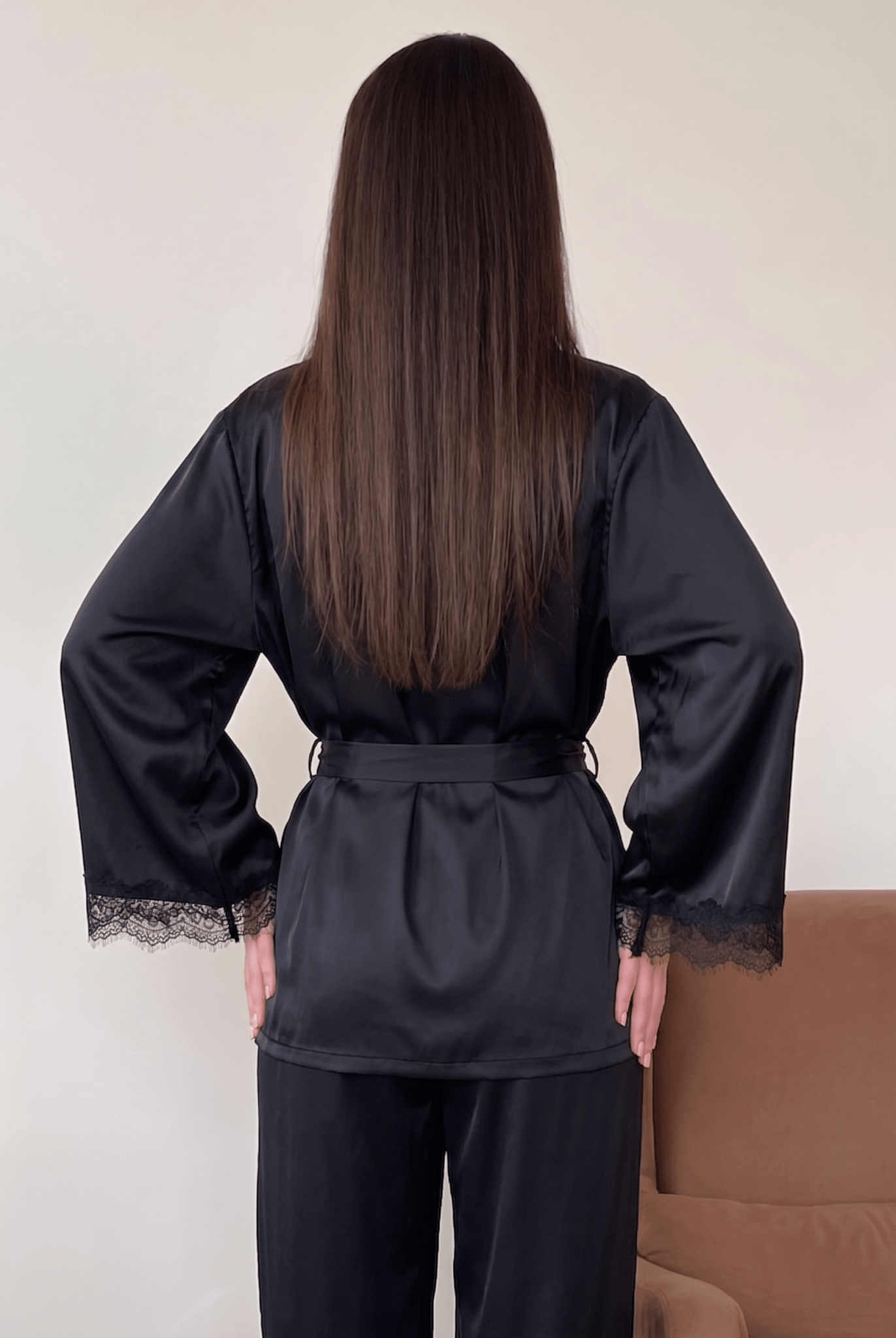  Black Queen Lace Satin Pajama Set – 3 Piece Harir