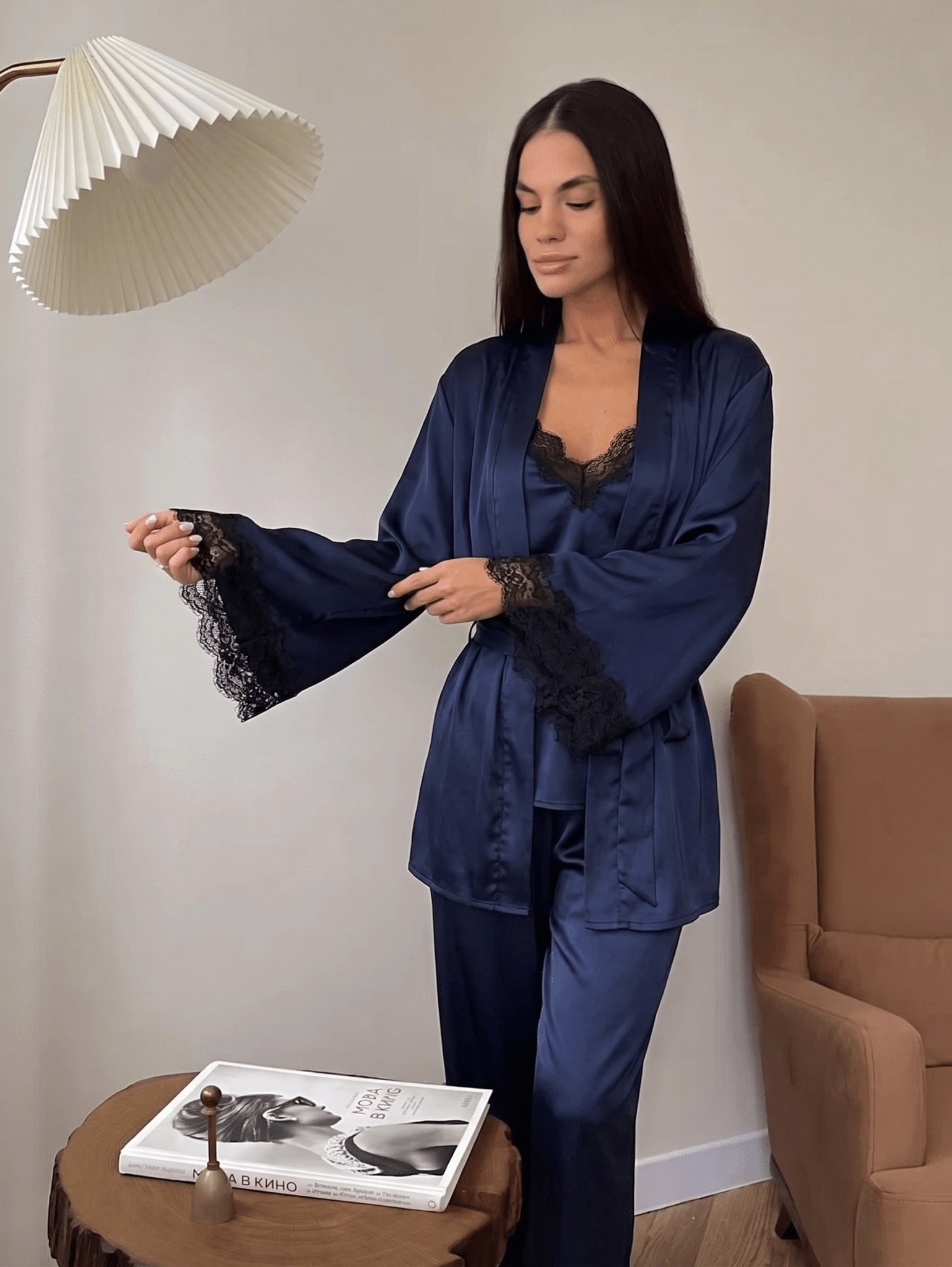  Navy Queen Lace Satin Pajama Set – 3 Piece Harir