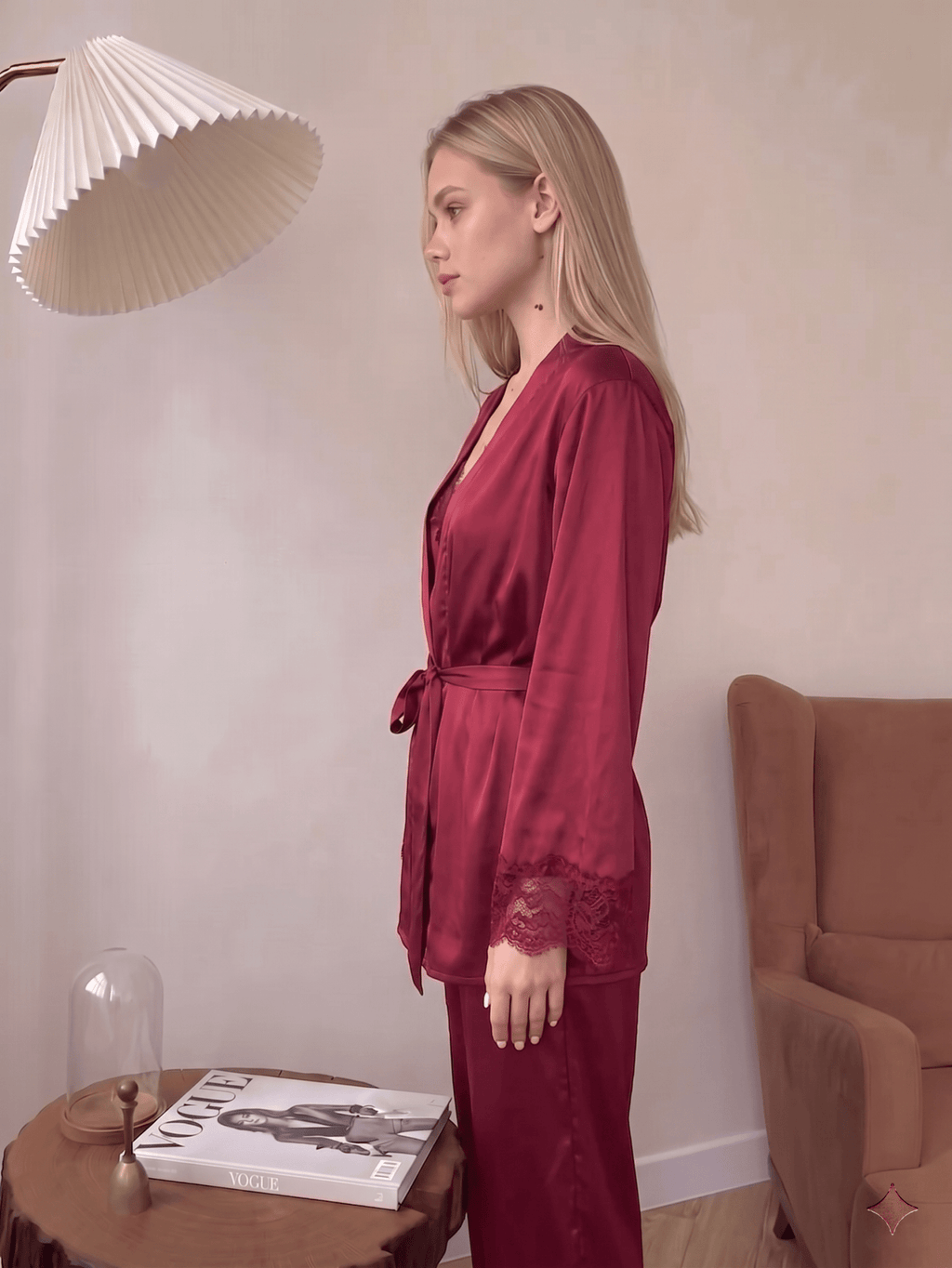 Bordo Queen Lace Satin Pajama Set – 3 Piece Harir