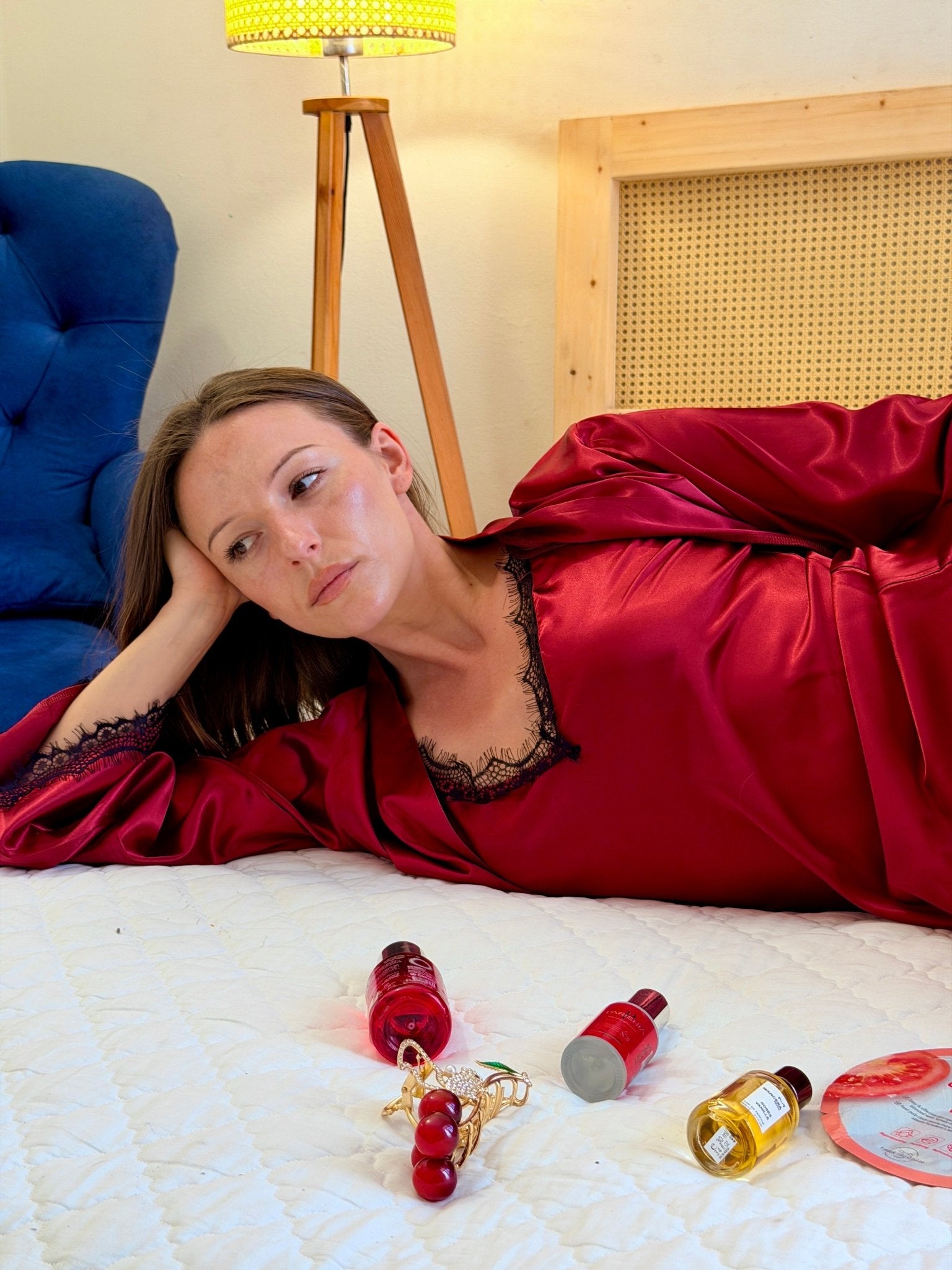 Bordo Queen Lace Satin Pajama Set – 3 Piece Harir