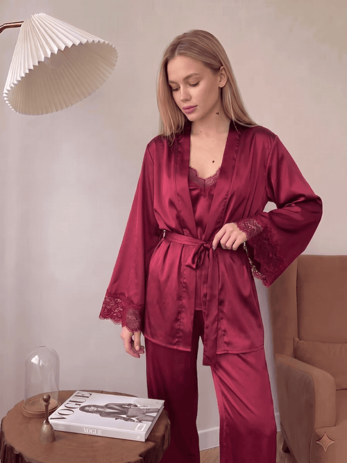  Bordo Queen Lace Satin Pajama Set – 3 Piece Harir