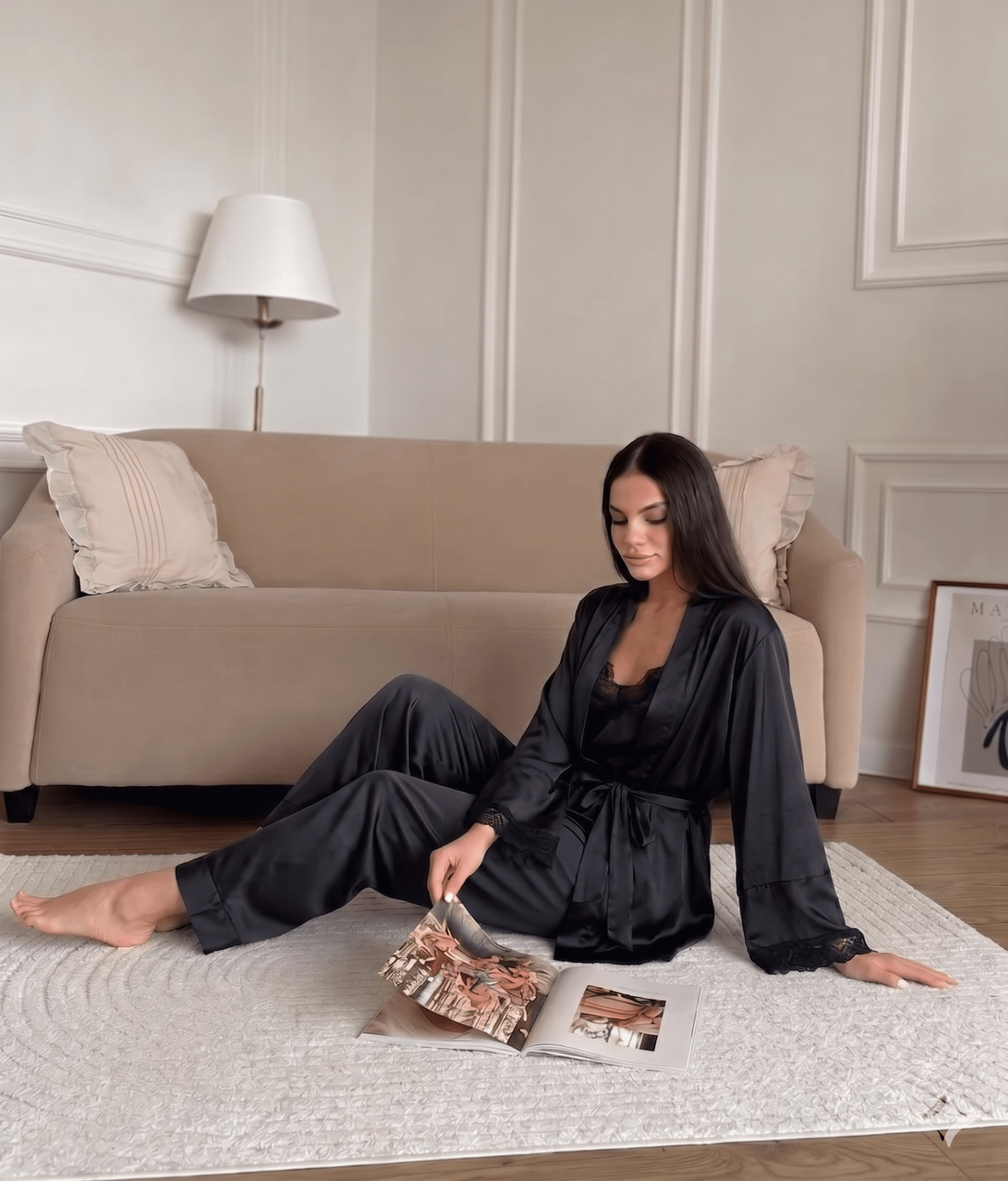  Black Queen Lace Satin Pajama Set – 3 Piece Harir