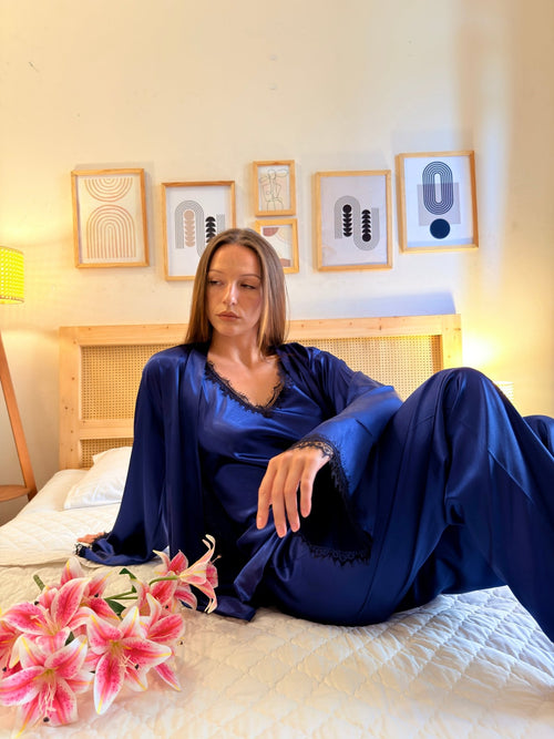 Navy Queen Lace Satin Pajama Set – 3 Piece Harir