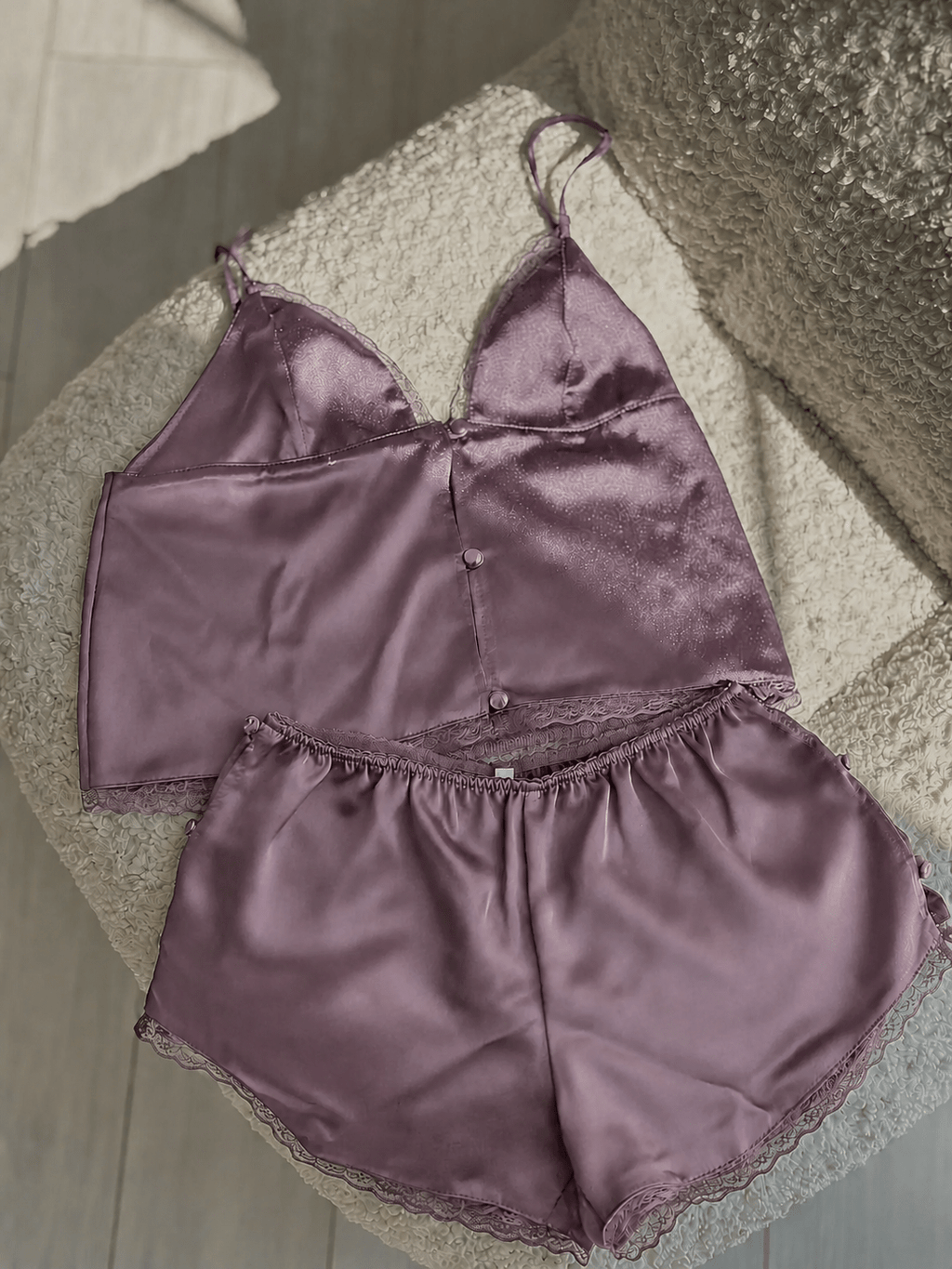 Dusty Cashmere Sofia Satin Lace Set – cami and shorts laid flat