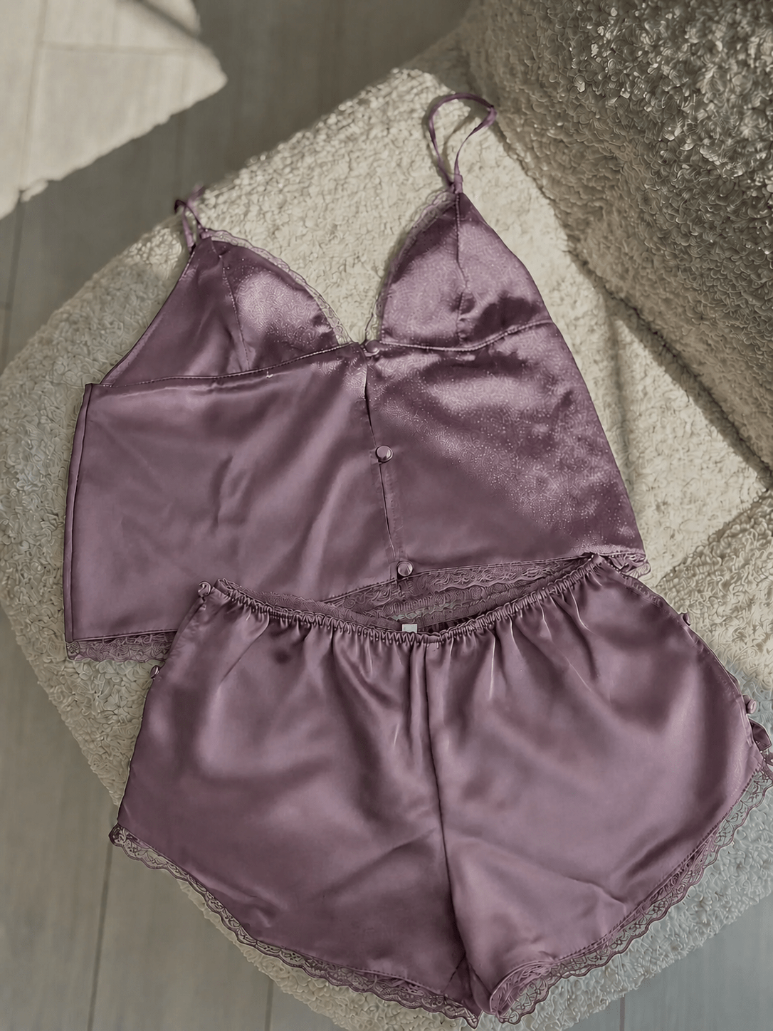 Dusty Cashmere Sofia Satin Lace Set – cami and shorts laid flat